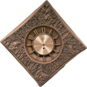 Clock Burwood 23" Diamond Shape Wall Simulated Wood Bark Arabesque 1960s Vintage